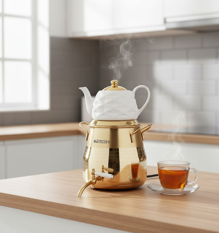 کتری قوری آلور 6 لیتری، ورق استیل ضخامت1cm ،کف چدن با ضمانتنامه کتبی